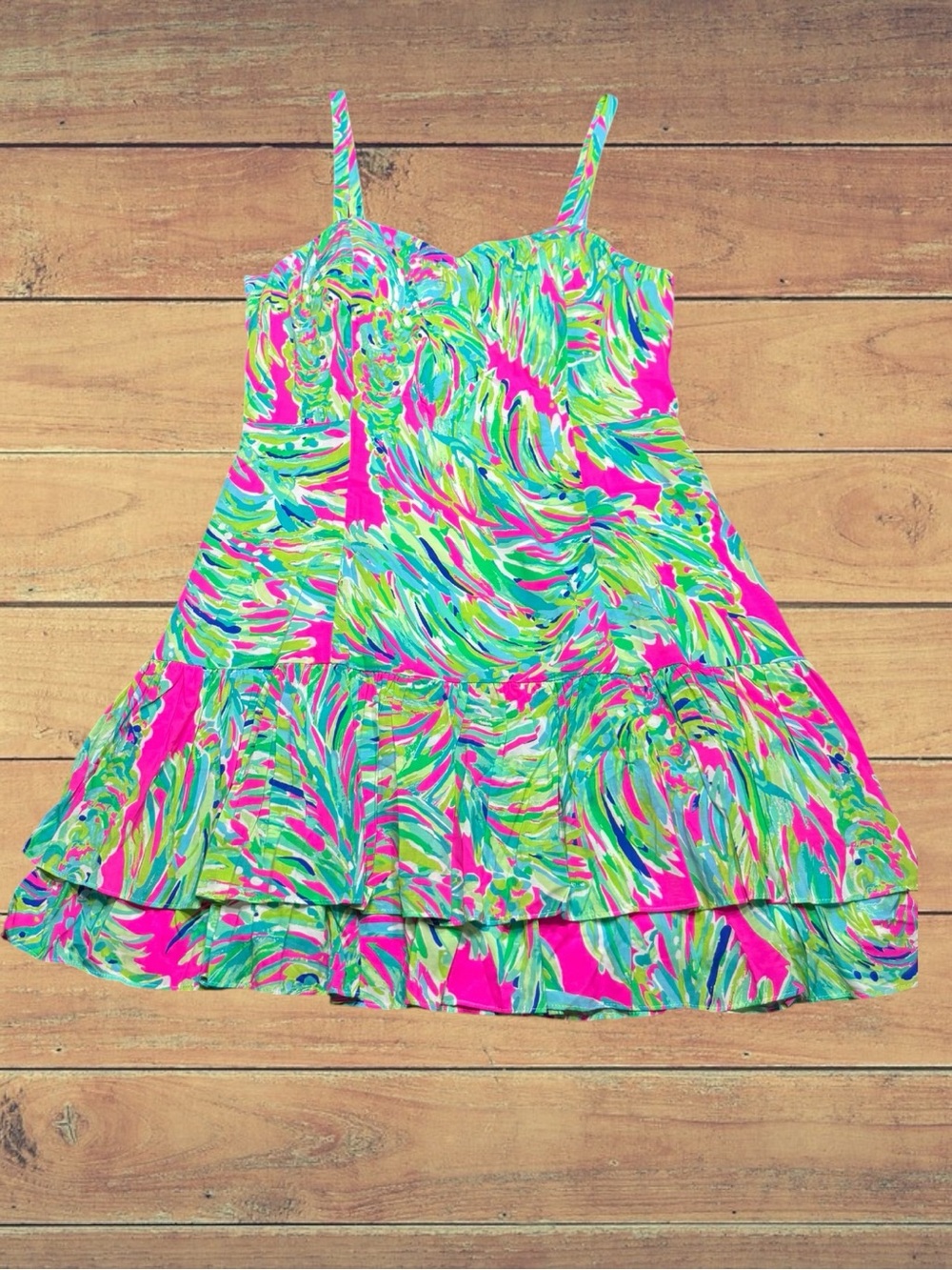 Lilly Pulitzer Morgana Shady Lady Tiered Ruffle Pink & Green Dress Size 14 NWT - Picture 14 of 16
